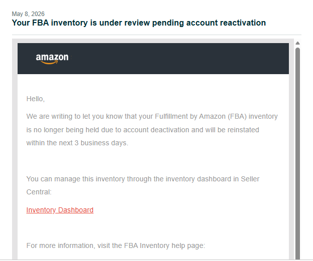 Amazon Reinstated Notification